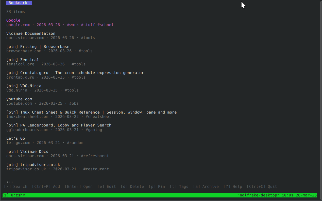 Cairn TUI showing saved bookmarks